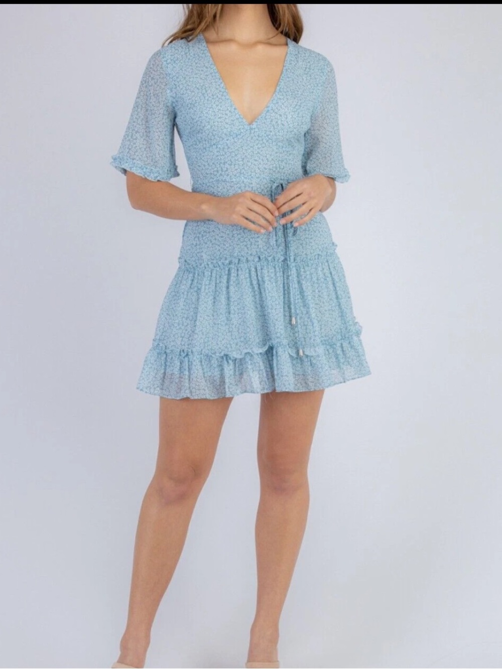 Altar'd State Ditsy V-Neck Floral Blue Mini Dress size M